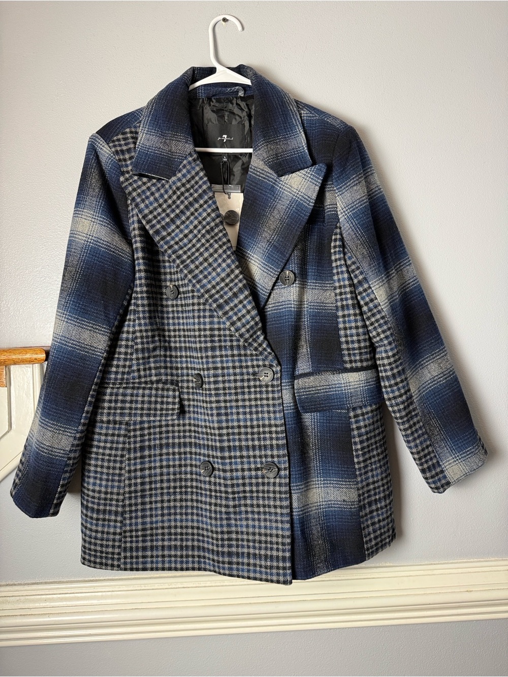 7 For All Mankind Blue and Gray Plaid Double-Breasted Pea Coat NWT